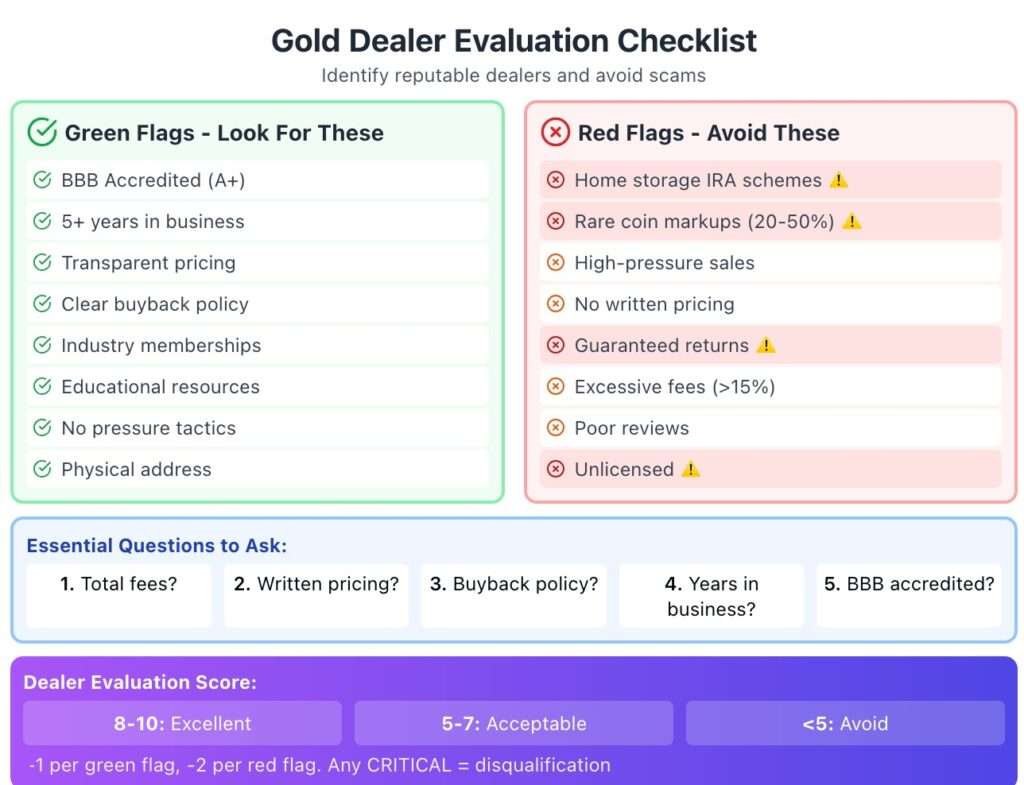Gold dealer evaluation checklist with green flags and red flags for identifying reputable dealers and avoiding scams