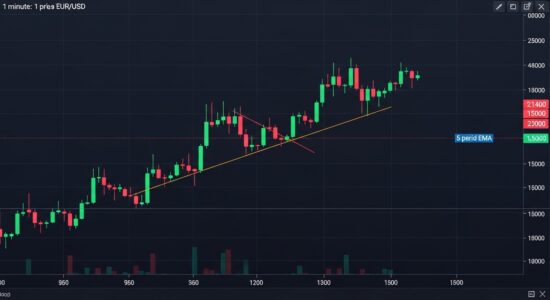 2-5 Pip Scalping, 1-minute EUR/USD forex chart showing 5 EMA and 20 EMA crossover