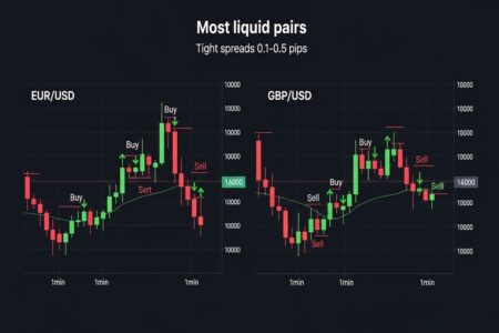 Side-by-side 1-minute charts of EUR/USD and GBP/USD with green scalping arrows, red stop-loss lines, clean dark theme, labels "Most liquid pairs", "Tight spreads 0.1-0.5 pips