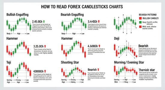 How to Read Forex Charts: Candlesticks Explained How to Read Forex Charts: Candlesticks Explained, showing Bullish, Bearish, Hammer, Doji, shooting star,Toji,tharnish star