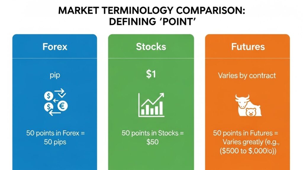 chart showing how "point" is defined differently across Forex (=pip), Stocks (=$1), and Futures (varies by contract). Use icons for each market type. Shows example of "50 points" meaning different things in each market.