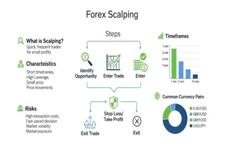 forex scalping simple infographic showing Steps, Characteristics and Risks and common currency pairs