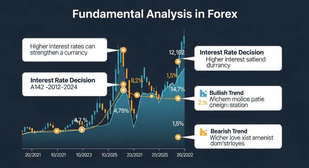 chart for forex funamental analysis showing interest rate decision higher interest rate, bullish trend and bearish trend