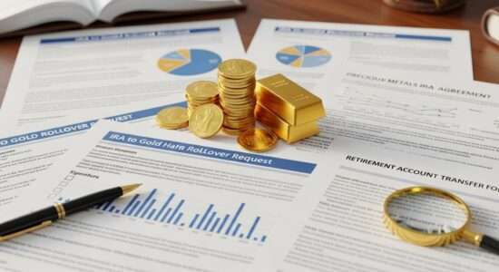 Gold and documents showing an IRA to Gold Rollover for retirement