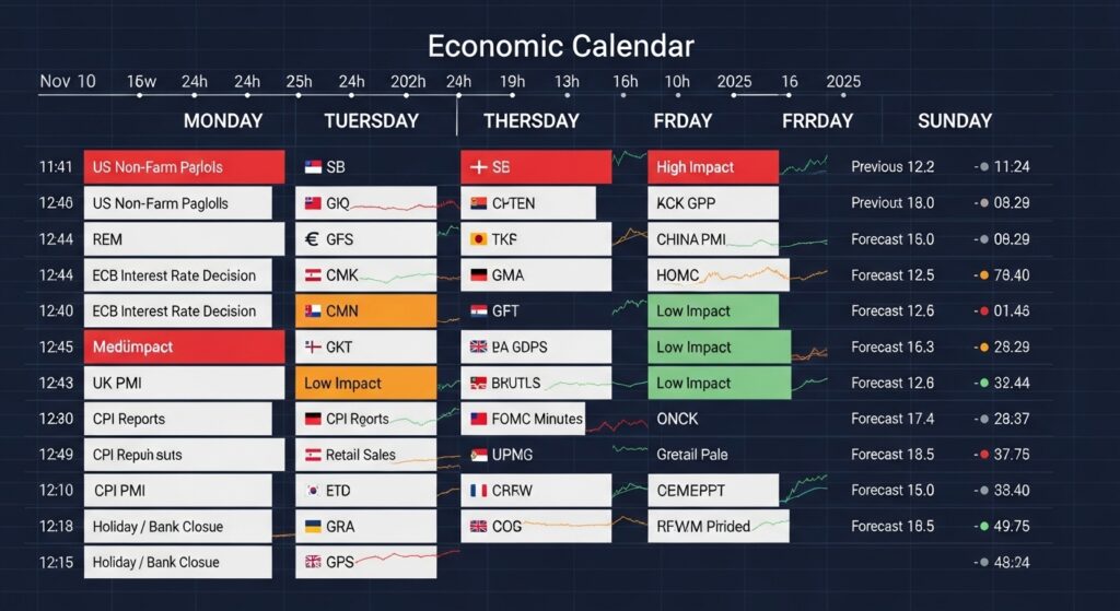 news trading calendar for one week (Monday to Sunday)