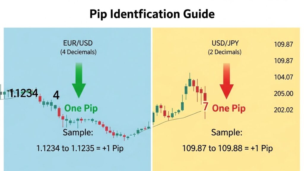 Pip Identification Guide Two side-by-side examples showing EUR/USD (4 decimals) and USD/JPY (2 decimals) with large arrows and labels clearly marking which decimal place represents one pip. Include sample calculations showing pip movements.