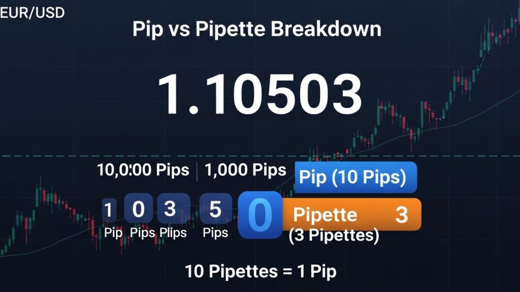 Pips vs Points vs Pipettes. EUR/USD price display showing 1.10503 with detailed breakdown. Show each decimal place labeled, with pip (4th decimal) and pipette (5th decimal) highlighted in different colors. Include conversion showing 10 pipettes = 1 pip.