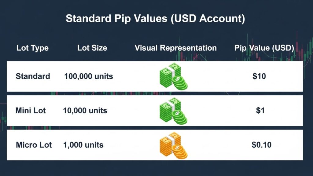 Standard Pip Values (USD Account), three rows for Standard/Mini/Micro lots. Each row shows the lot size (100,000/10,000/1,000 units), visual representation using progressively smaller stacks of currency icons, and the pip value ($10/$1/$0.10). Use consistent color coding for each lot size type.