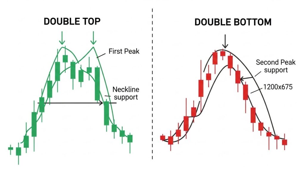 Technical analysis candlestick chart pattern comparison diagram showing double top bearish reversal pattern on left and double bottom bullish reversal pattern on right