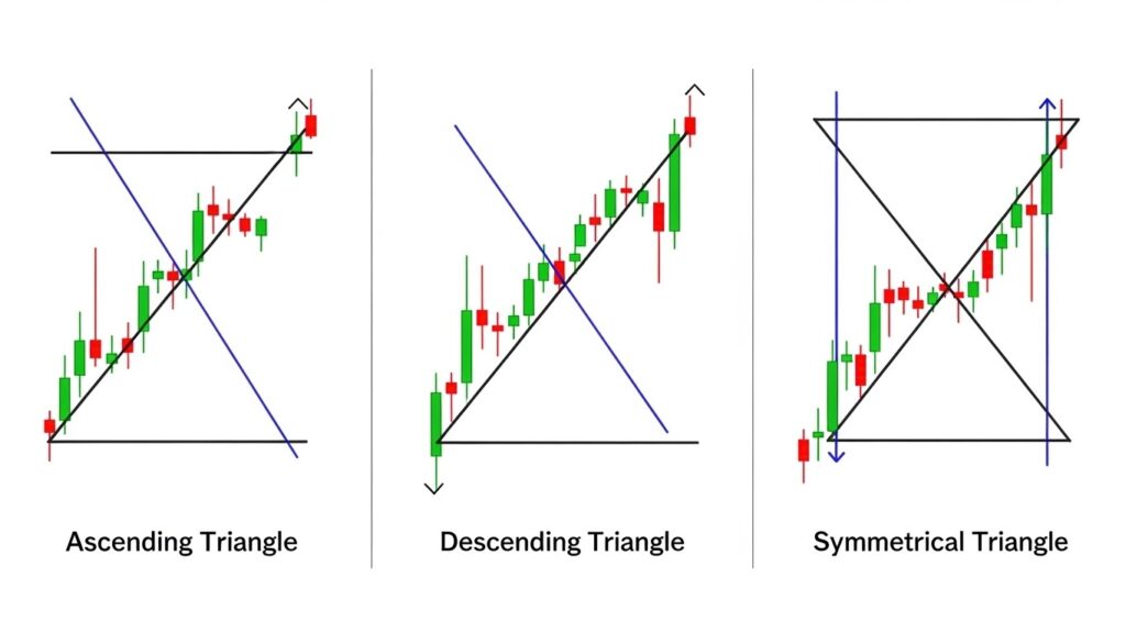 Three-panel forex chart showing ascending triangle, descending triangle, and symmetrical triangle patterns side by side