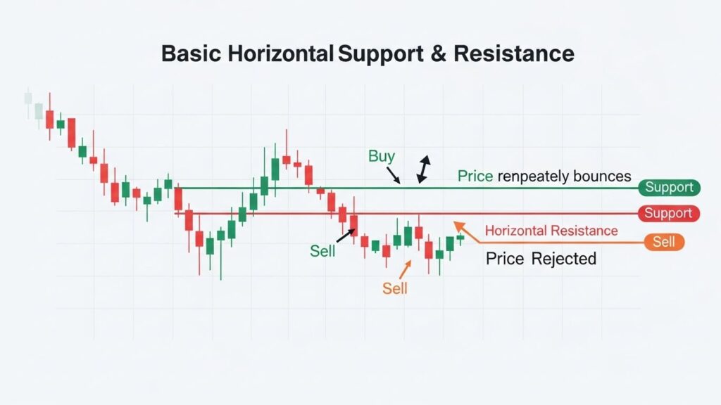 Forex support and resistance trading  infographic showing horizontal support and resistance levels with price bounces and rejections.