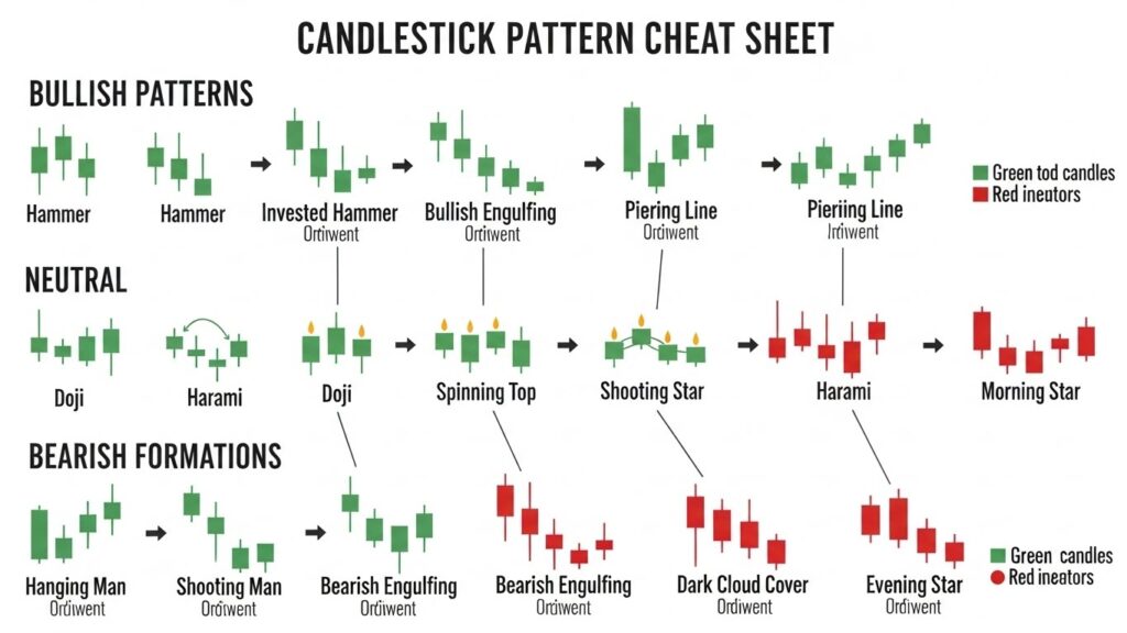  Price action trading infographic Candlestick pattern cheat sheet highlighting bullish, neutral, and bearish formations.