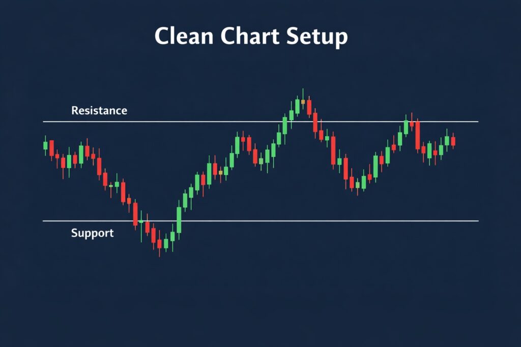 Clean forex chart setup used in price action trading, showing candlesticks with support and resistance levels.