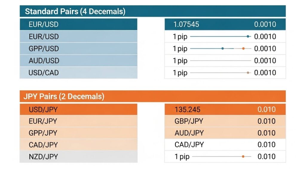 Currency Pair Pip Reference Chart, reference table showing 10 major currency pairs divided into two groups: Standard (4 decimals) and JPY pairs (2 decimals). For each pair, show sample price and what 1 pip movement looks like. Color-code the two groups differently.