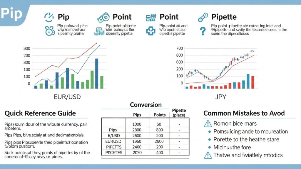 definitions of pip/point/pipette, visual examples for standard and JPY pairs, conversion table, common mistakes to avoid, and quick reference guide. Designed as a printable/saveable reference sheet.
