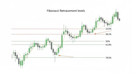 Forex candlestick chart showing Fibonacci retracement levels, uptrend with pullback, horizontal lines at 23.6%, 38.2%, 50%, 61.8%, and 78.6% levels clearly labeled, green bullish candles, price bouncing off 61.8% golden ratio level, educational trading diagram