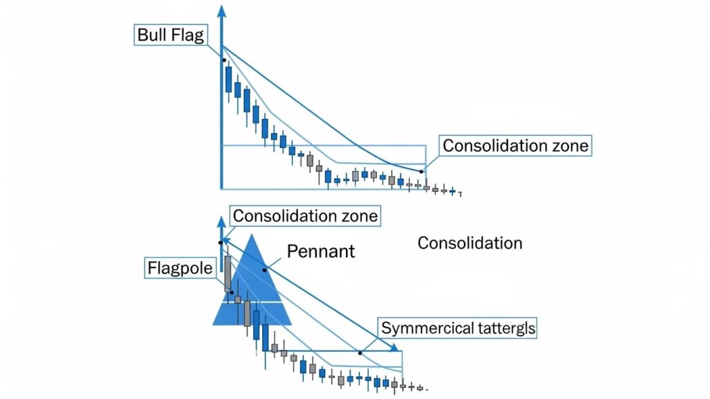 Professional forex candlestick chart showing bull flag and pennant pattern examples, clearly labeled with flagpole and consolidation zones
