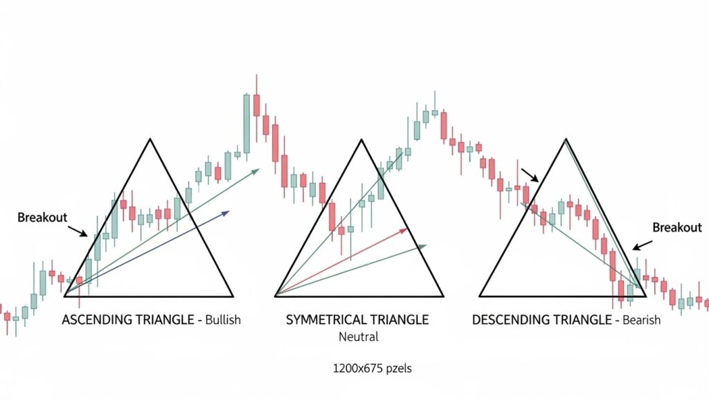 Professional candlestick forex chart showing three triangle patterns side by side: ascending triangle on left, symmetrical triangle in middle, descending triangle on right, clearly labeled with text: "ASCENDING TRIANGLE - Bullish", "SYMMETRICAL TRIANGLE - Neutral", "DESCENDING TRIANGLE - Bearish", trend lines drawn and labeled, arrows showing breakout directions
