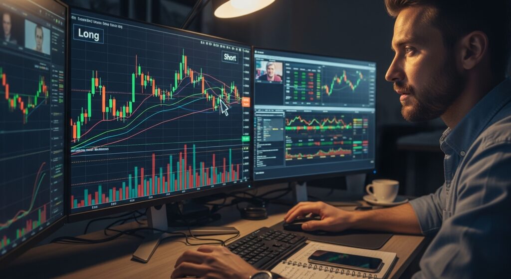 A man trading forex position trading, long and short positions