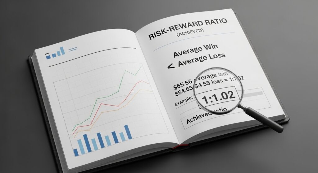 Forex trading journal risk reward ratio Formula: Average Win ÷ Average Loss showing Example: $55.56 average win ÷ $54.55 average loss = 1:1.02 achieved ratio