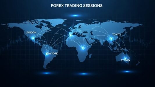 Forex Trading Sessions: Complete Guide to Market Hours & Timing Blue and black professional financial world map showing global Forex trading sessions with subtle candlestick and market gridline elements
