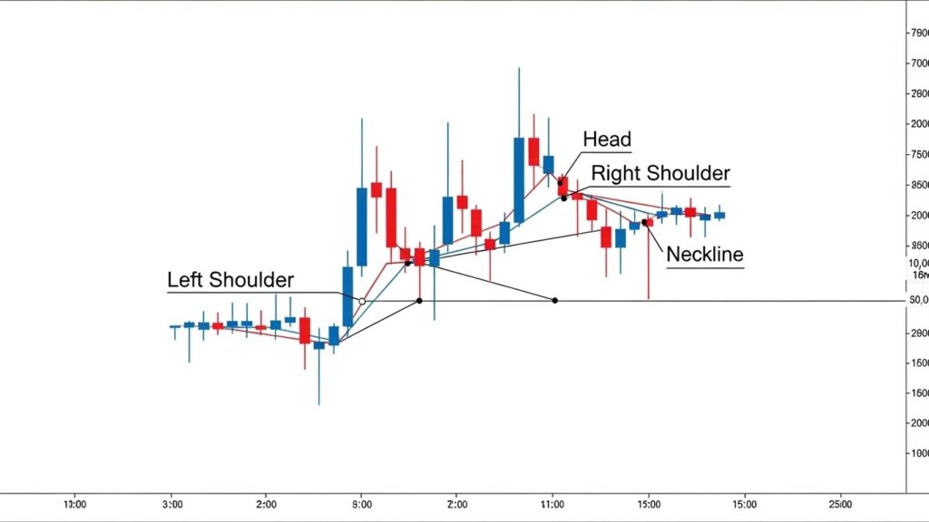 Professional forex candlestick chart showing clear head and shoulders reversal pattern