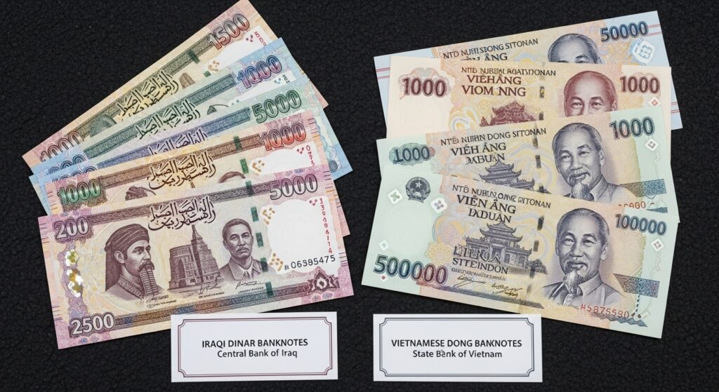 Iraqi Dinar and Vietnamese Dong banknotes used in RV speculation and currency analysis