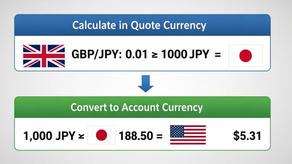 Infographic for pip value showing how to calculate pips for cross pairs using a two-stage GBP/JPY example