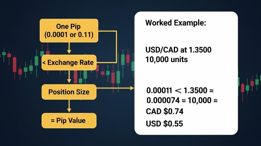 step-by-step flowchart showing the pip value calculation process. Start with a box containing "One Pip (0.0001 or 0.01)" flowing down to "÷ Exchange Rate," then to "× Position Size," and finally to "= Pip Value." Include a worked example alongside showing USD/CAD at 1.3500 for 10,000 units: 0.0001 ÷ 1.3500 = 0.000074 × 10,000 = CAD $0.74, then converted to USD $0.55.