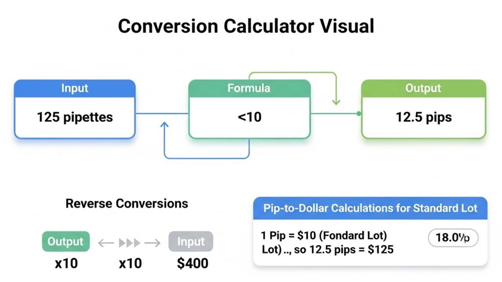 calculator graphic showing conversion formulas. Three boxes showing: Input (125 pipettes) → Formula (÷10) → Output (12.5 pips). Include reverse conversions and pip-to-dollar calculations for standard lot.