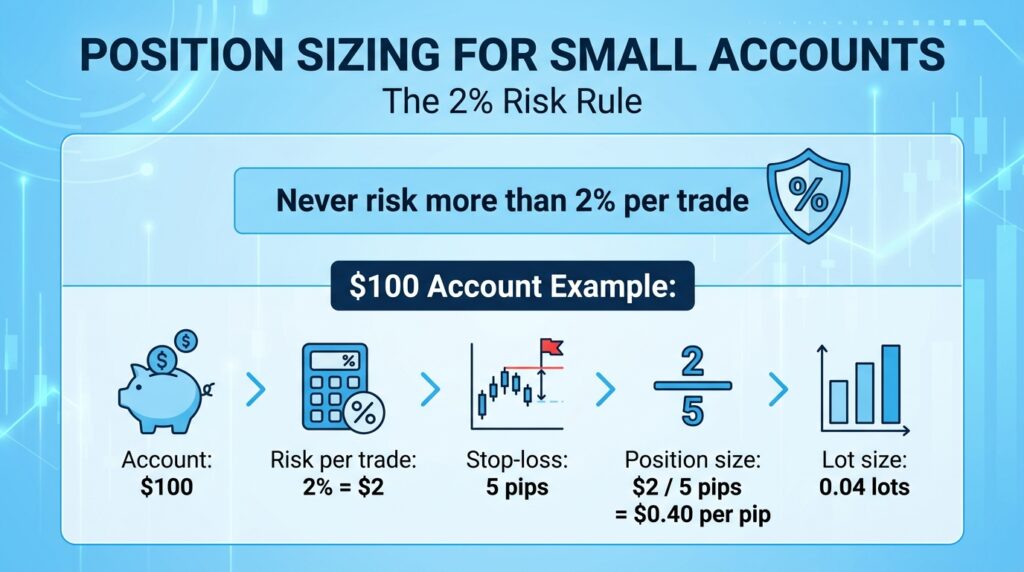 2-5 Pip Scalping: How to Make $5-20 Daily with $100 3 Position Sizing for Small Accounts
The 2% Risk Rule-$100 Account Example