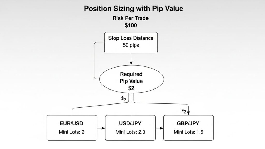 position Sizing with Pip Value shows Risk per trade $100 with Stop Loss Distance" (50 pips)