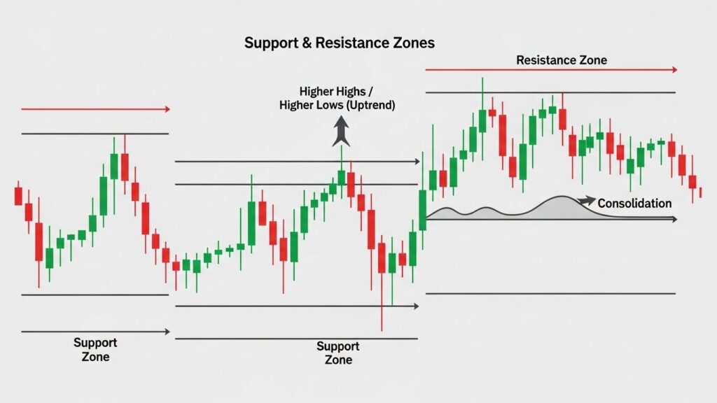 A clean price action trading chart showing support and resistance zones.
