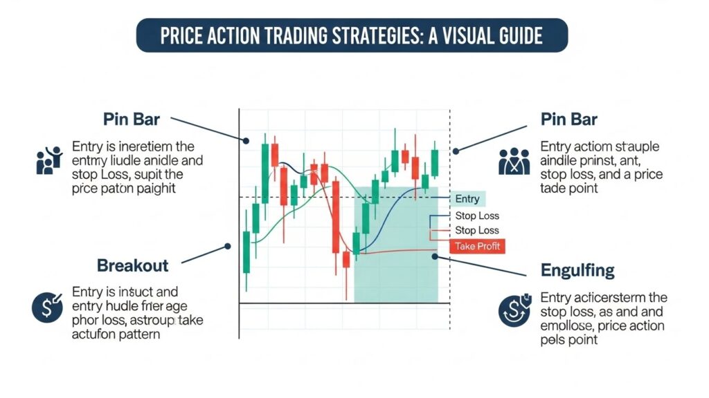 Price Action Trading Strategies 
chart showing: Entry,  Stop loss, Take profit, pin bar, breakout, engulfing example