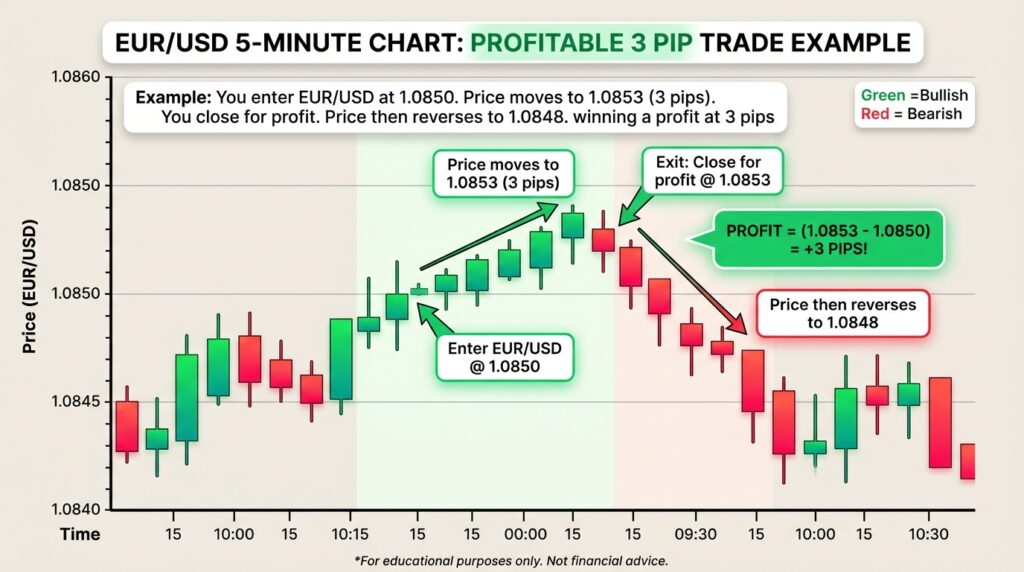 2-5 Pip Scalping: How to Make $5-20 Daily with $100 2 3 pips trade example, EUR/USD 5 minutes chart showing profit of 3 pips