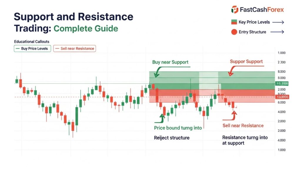 Support and resistance forex trading infographic showing key price levels, support and resistance zones, and buy and sell entry points.