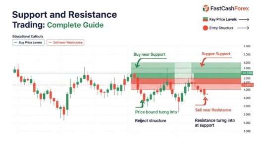 Support and resistance forex trading infographic showing key price levels, support and resistance zones, and buy and sell entry points.