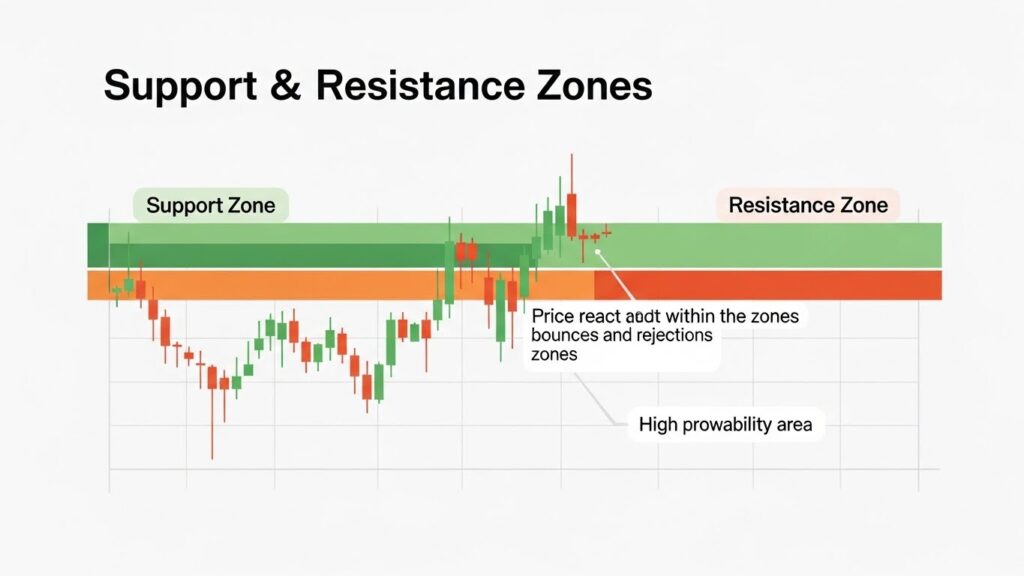 Support and resistance trading infographic showing support and resistance zones with price reactions in forex trading