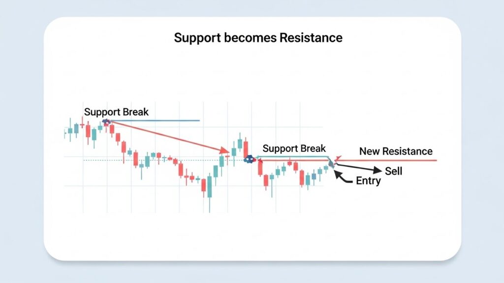 Support and resistance trading infographic showing support becoming resistance after a price breakout in forex trading.