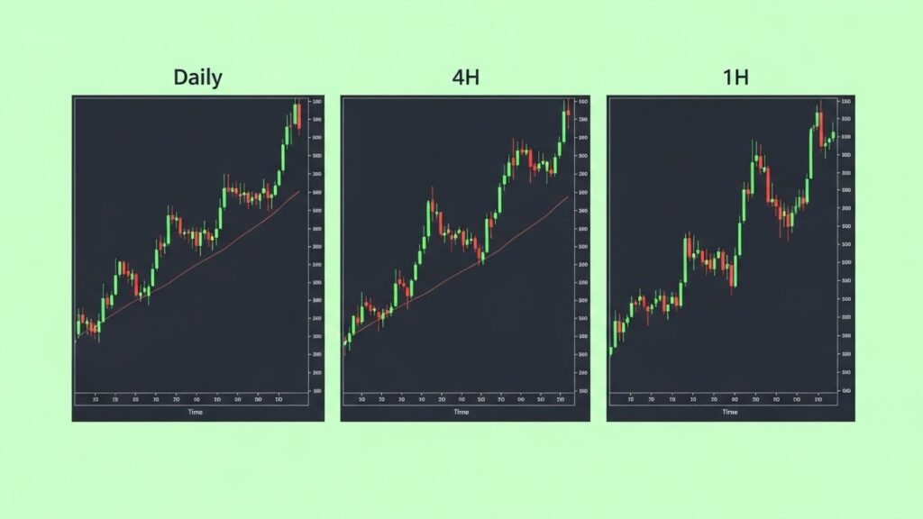 Three-panel forex chart showing same price action on different timeframes side by side daily chart on left, 4-hour chart in middle, 1-hour chart on right, clearly labeled "Daily", "4H", "1H