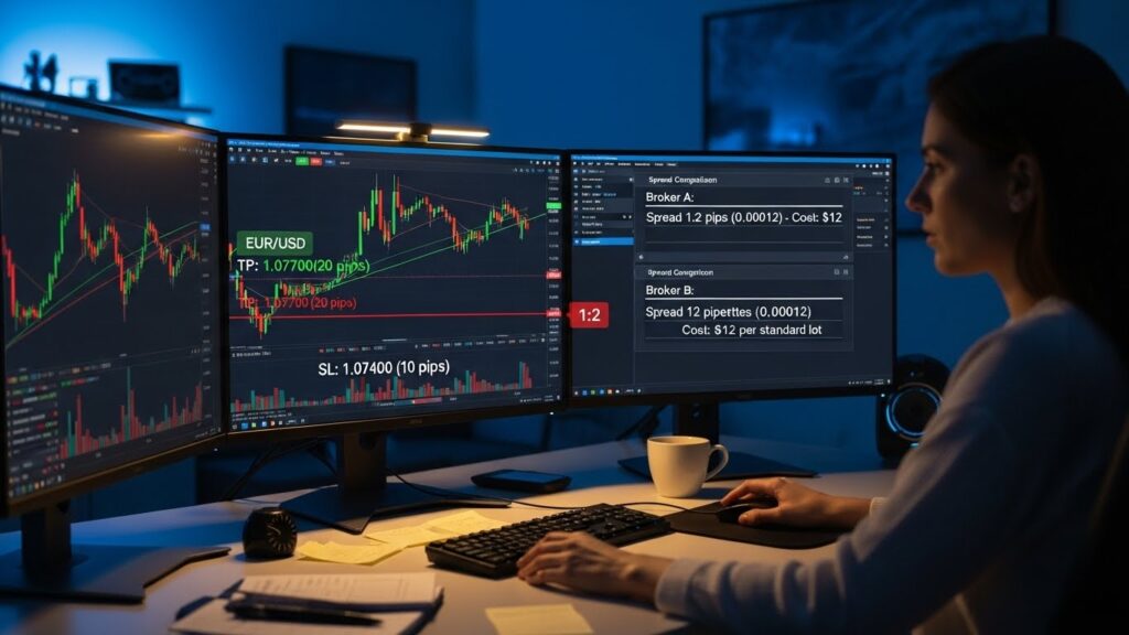 a woman trading with pip measurements: showing Stop-loss placement with pip measurements, and Risk-reward calculation using pips, and Spread comparison in Pips vs Points vs Pipettes with dollar cost breakdown. Use real EUR/USD price examples.
