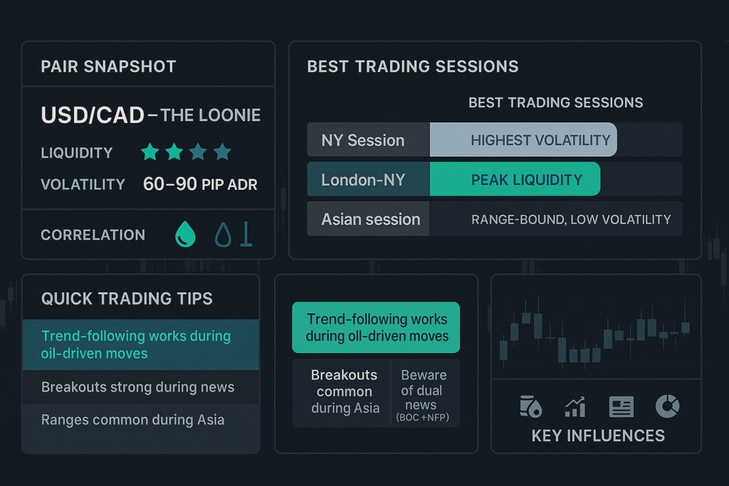 USD/CAD Trading Guide: The Loonie 2 USD/CAD Trading Guide: Infographic dashboard showing USD/CAD trading characteristics, including volatility range, best trading sessions, correlation with oil and interest rates, and quick trading tips for the Loonie pair