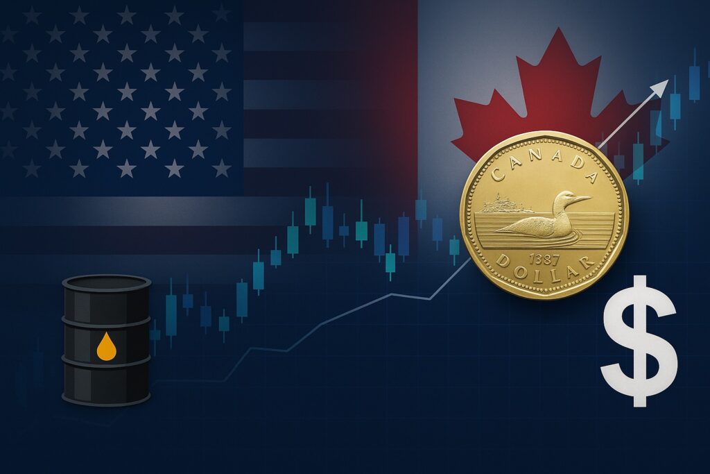 USD/CAD Trading Guide: forex concept image showing U.S. and Canadian flags, a Canadian loonie coin, oil barrel icon, and candlestick chart representing how oil prices and market trends influence the Loonie currency pair.