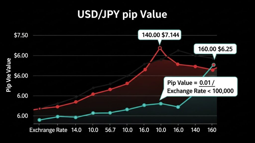 Infographics showing USD/JPY pip value changes with exchange rate. X-axis shows exchange rates from 140 to 160, Y-axis shows pip value from $6.00 to $7.50. 150.00 ($6.67), and 160.00 ($6.25) with the formula shown in a box: Pip Value = (0.01 / Exchange Rate) × 100,000.
