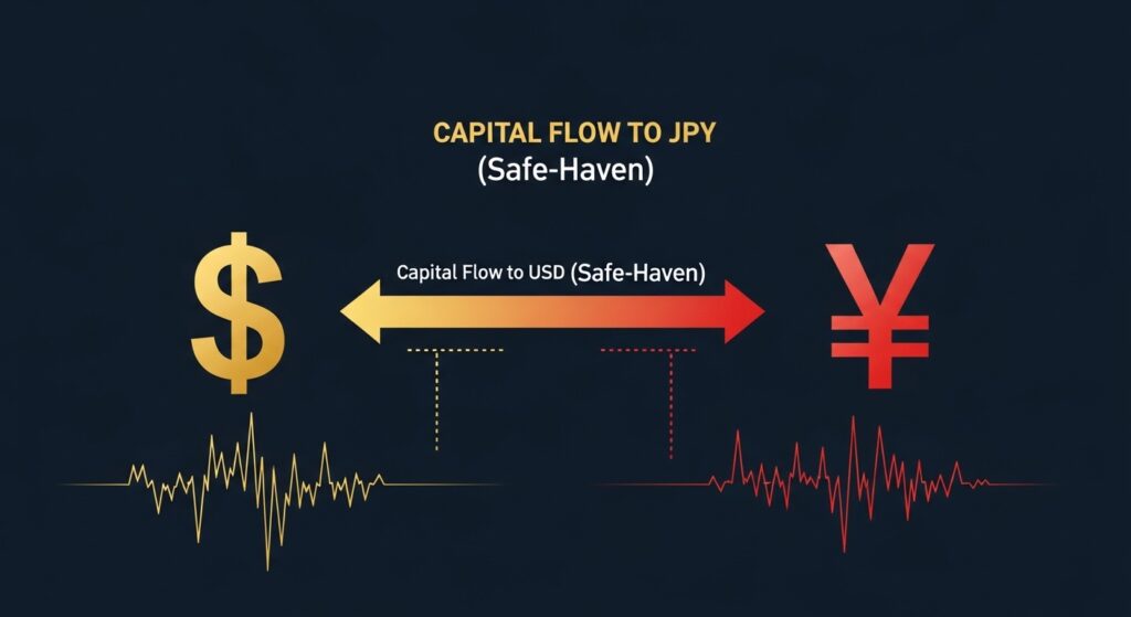 USD/JPY trading safe haven dynamics showing dollar yen capital flows during risk off markets