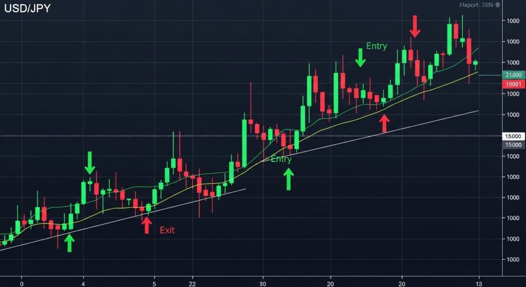 USD/JPY trading strategies showing candlestick chart with support resistance and trend analysis