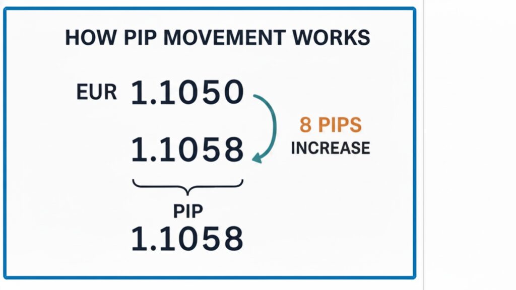 What is forex trading: Visual diagram showing pip movement from 1.1050 to 1.1058