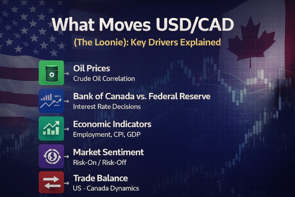 USD/CAD Trading Guide: The Loonie 1 USD/CAD Trading Guide: Infographic showing what moves USD/CAD, including oil prices, central bank interest rates, economic indicators, market sentiment, and U.S.–Canada trade balance