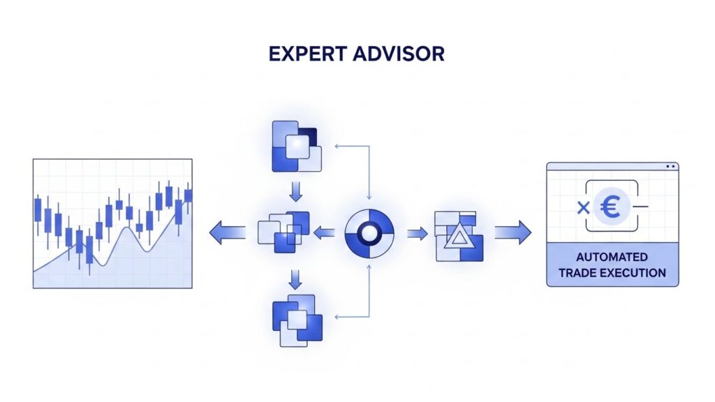 Diagram showing how a forex Expert Advisor analyzes market data and executes trades automatically