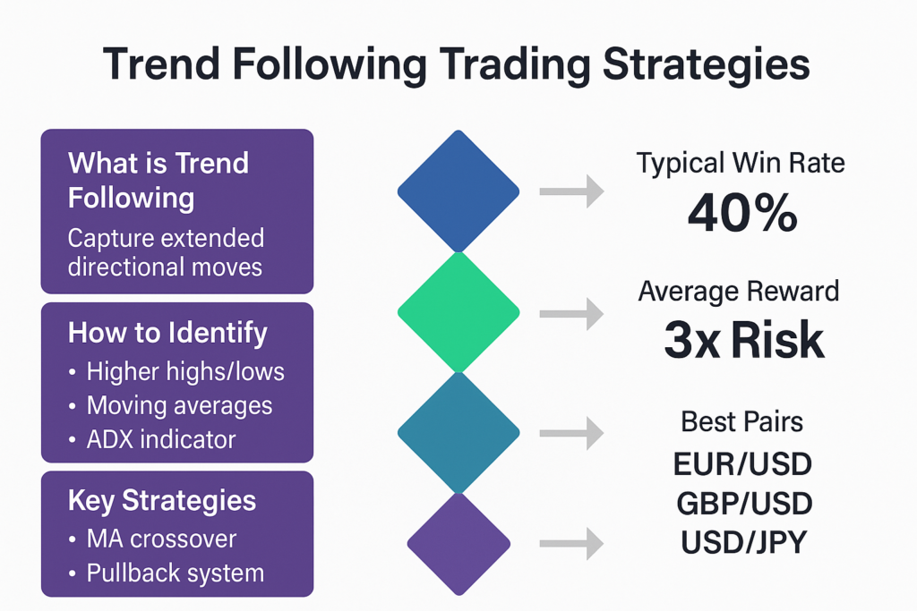 Trend Following Strategies: Complete Guide 1 Trend Following Strategies, infographic showing identification methods and key performance metrics